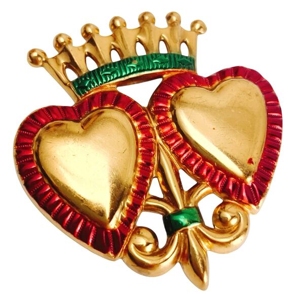 Vintage Mid Century Mexican Painted Tin Double Heart Gold Tone Folk Art Brooch - Picture 1 of 9